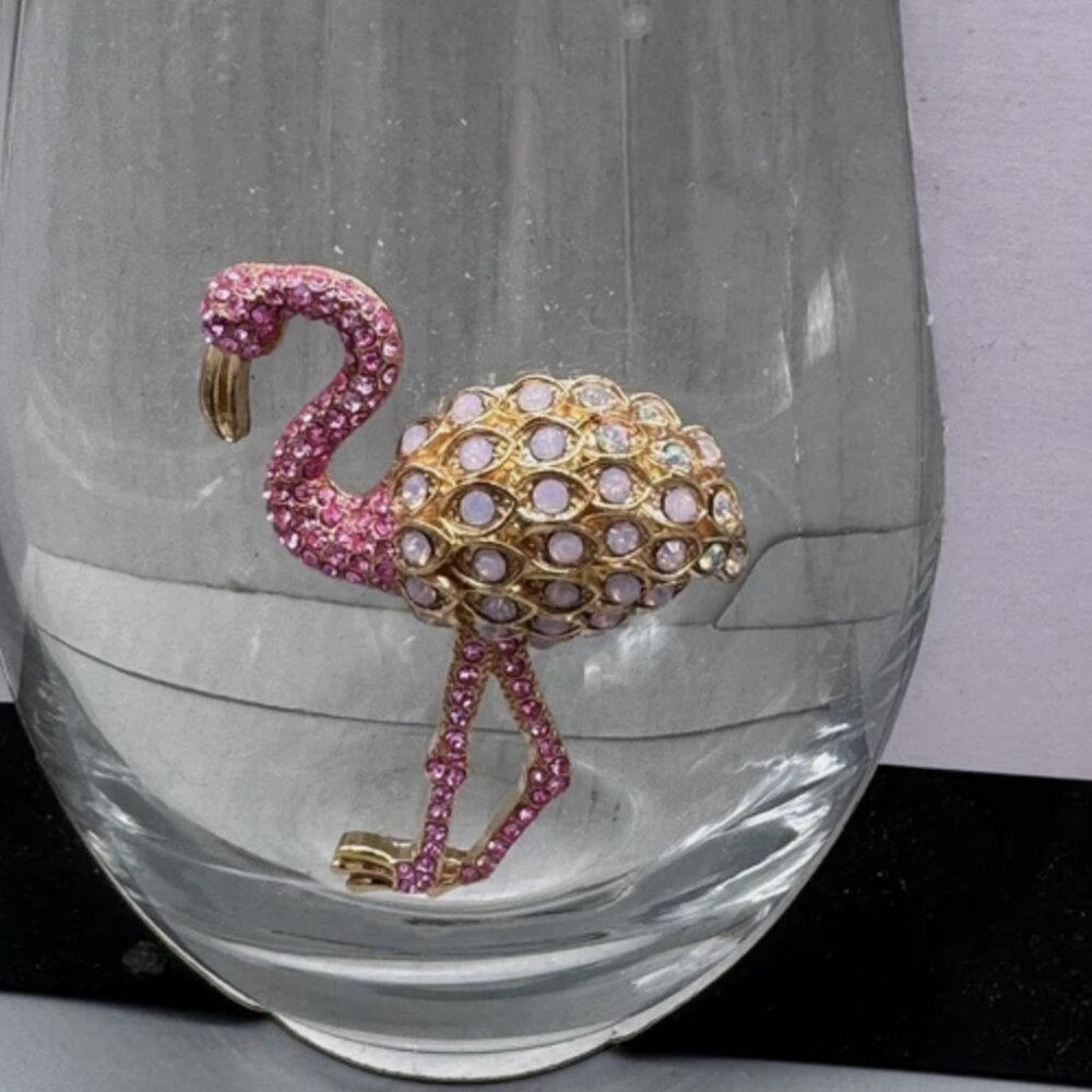 x2 Rachel Zoe Rhinestone Pink Flamingo Stemless Wine Glass Set Bling Tropical
